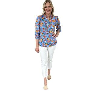 Liza Byrd Carrie Fresh Squeezed Orange Print Blouse in Periwinkle NWT